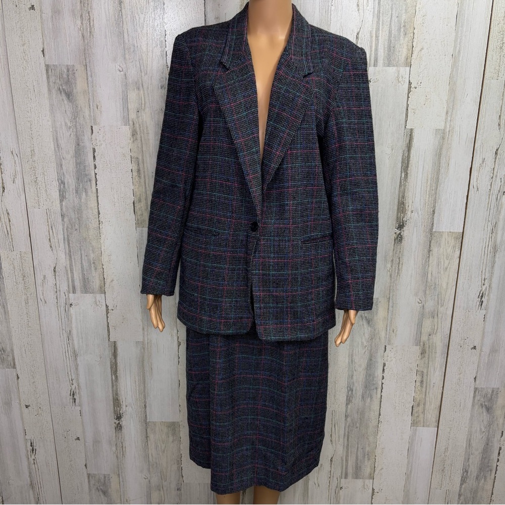 Norton McNaughton Vintage Colorful Plaid Wool Blazer Skirt Suit